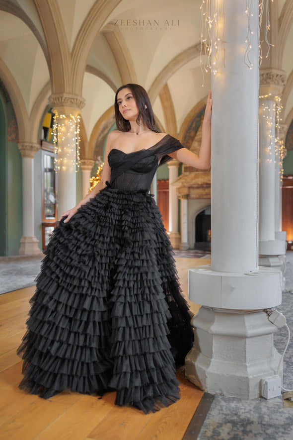 Asymmetric Black Layered Soft Tulle Dress