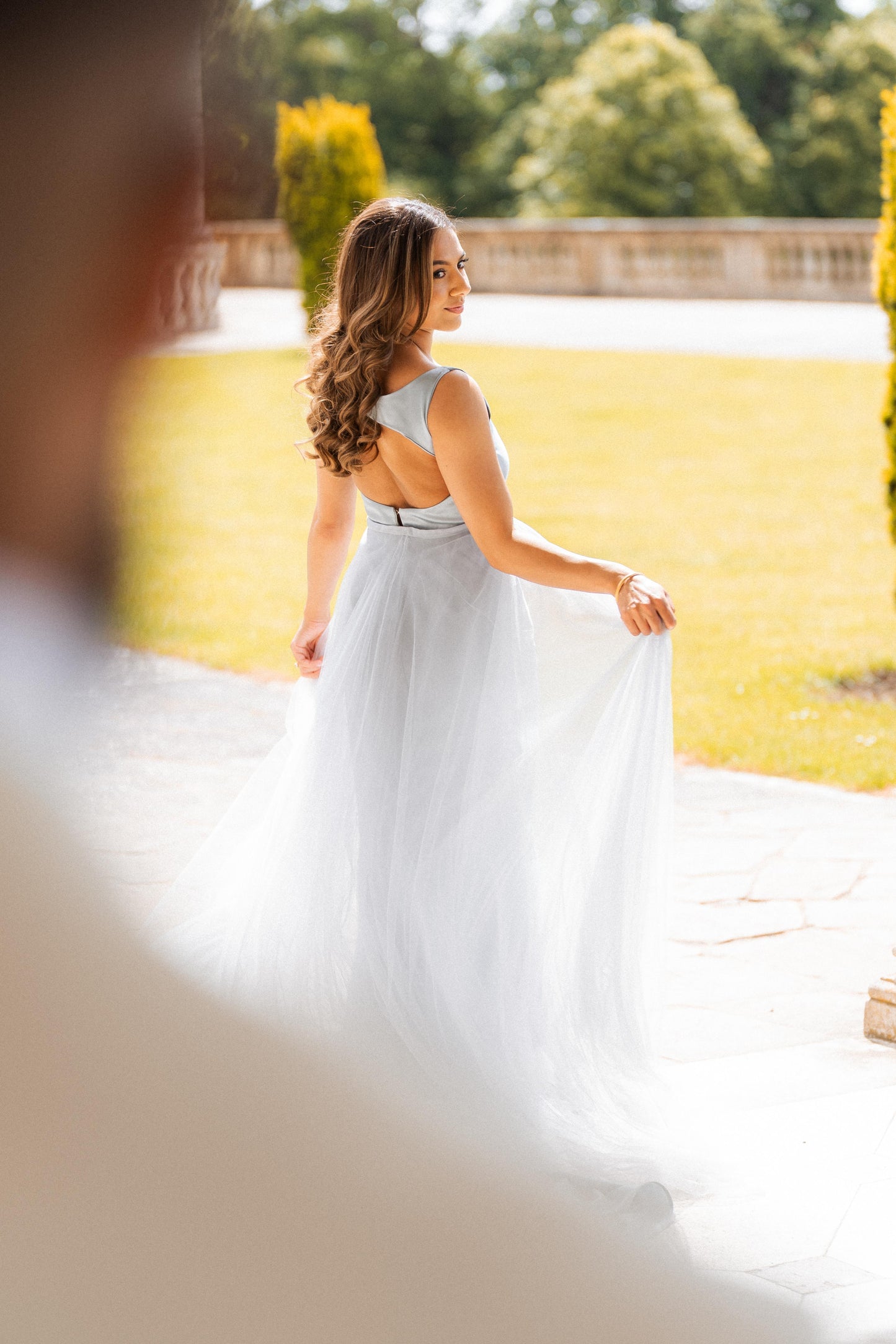 Silver Grey Fitted Gown with Tulle Trail