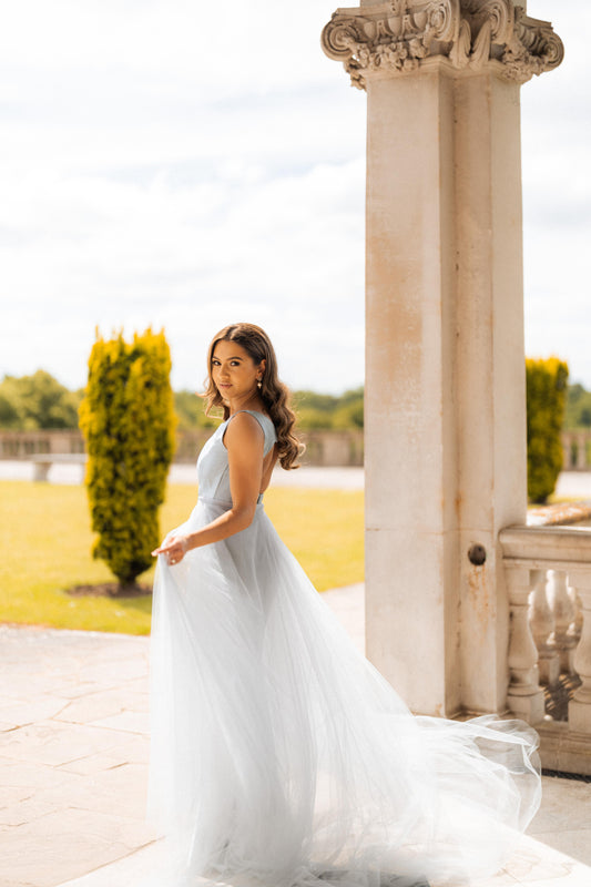 Silver Grey Fitted Gown with Tulle Trail