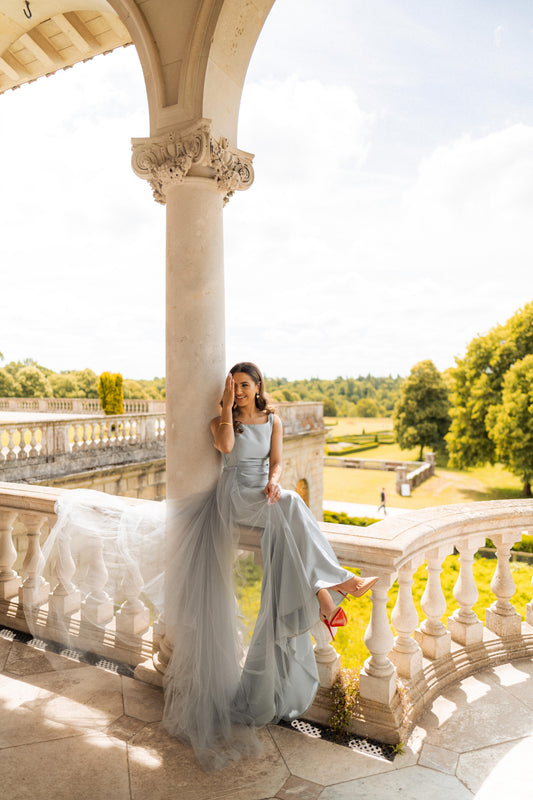 Silver Grey Fitted Gown with Tulle Trail