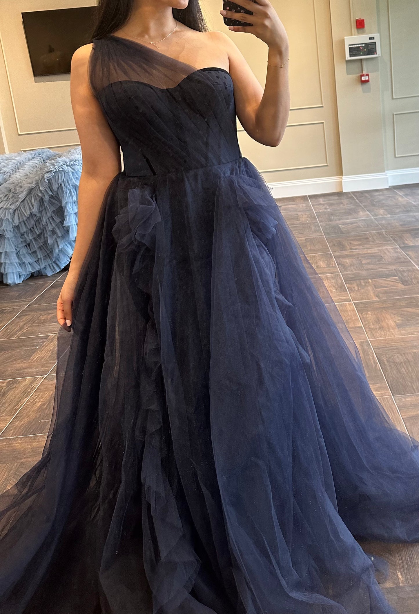 One shoulder Navy Blue Tulle Dress