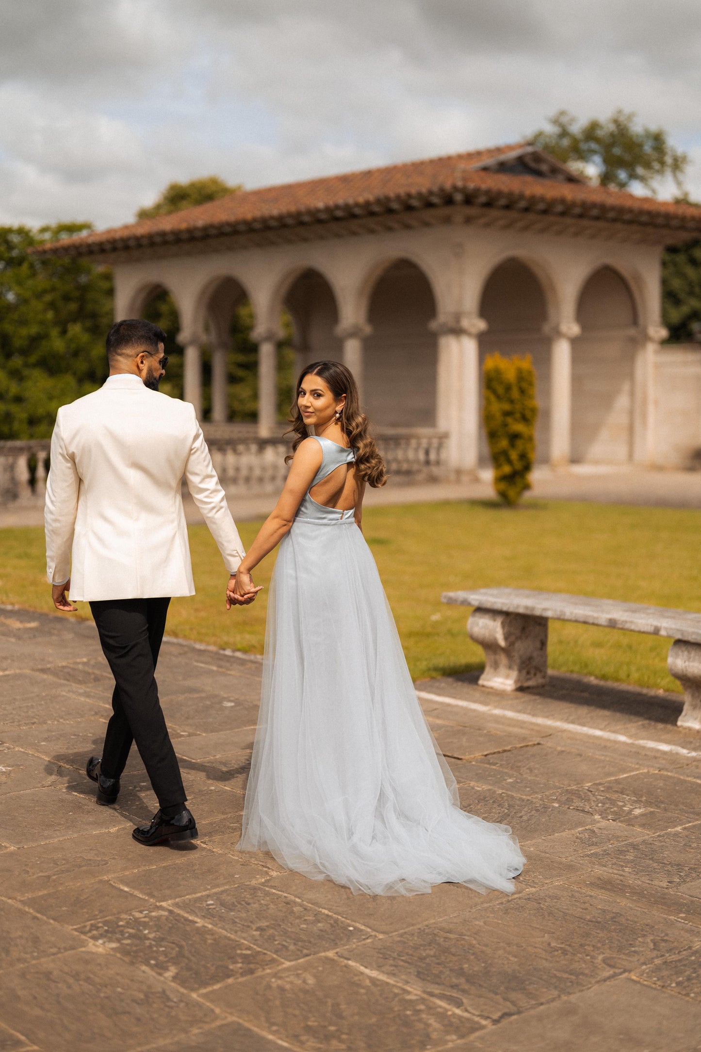 Silver Grey Fitted Gown with Tulle Trail