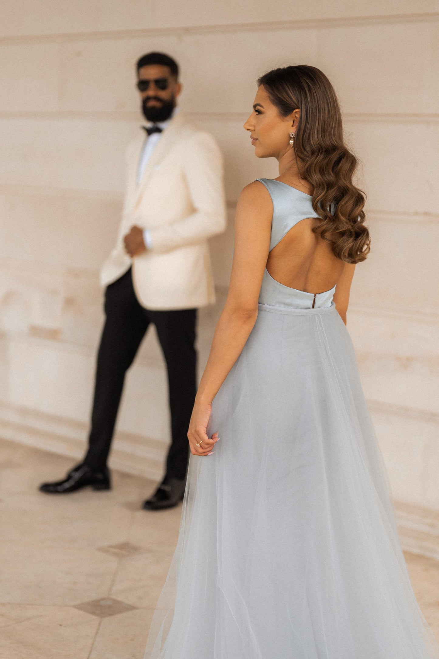 Silver Grey Fitted Gown with Tulle Trail