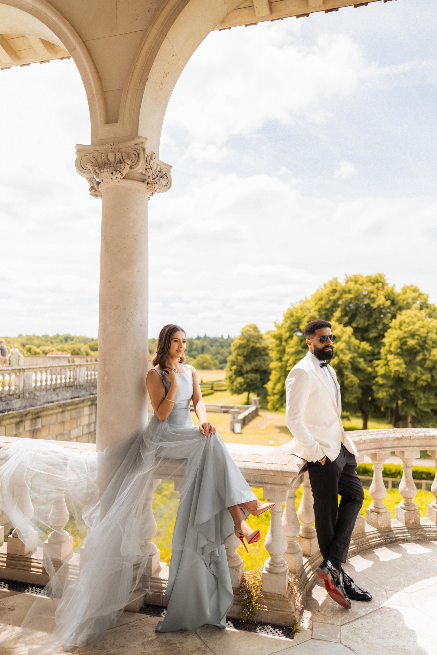 Silver Grey Fitted Gown with Tulle Trail
