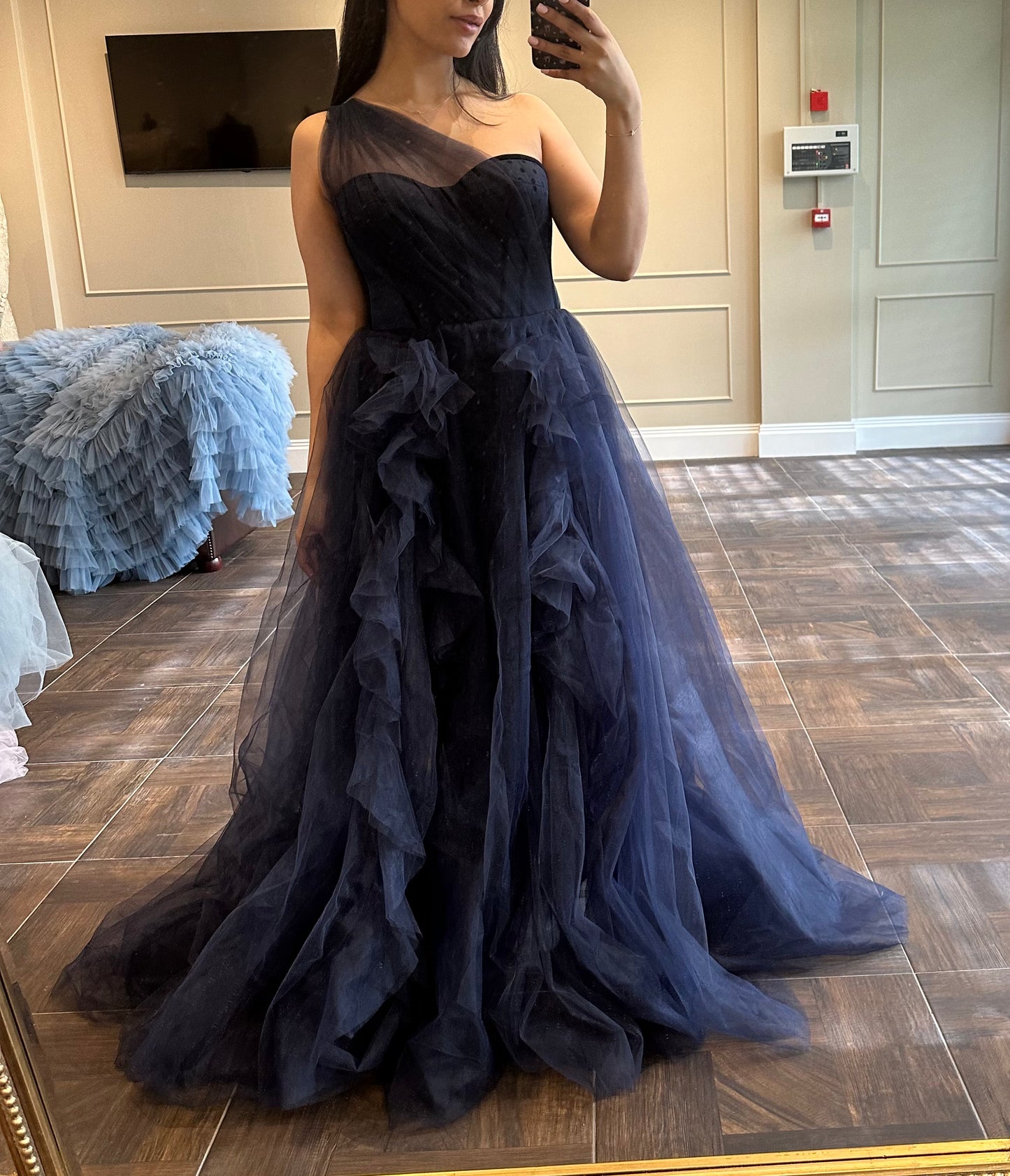 One shoulder Navy Blue Tulle Dress